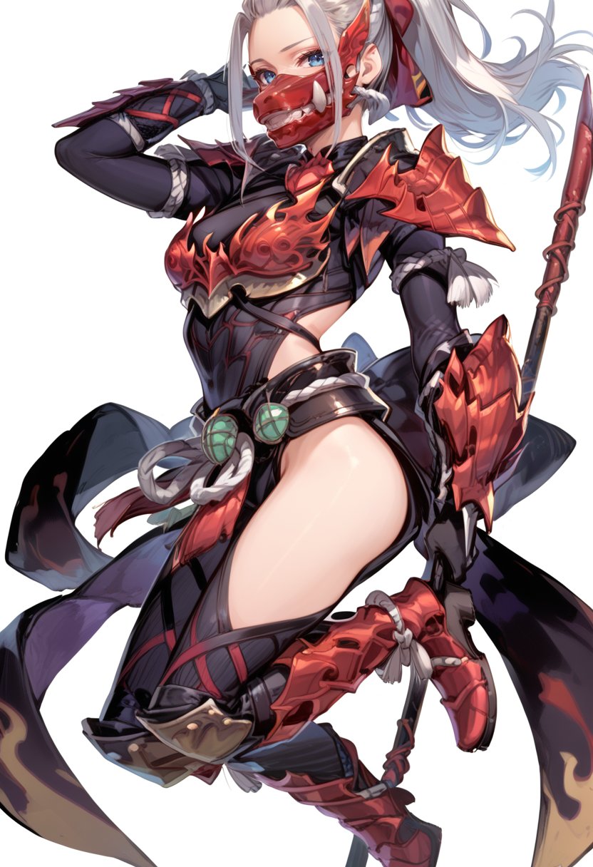 (score_9:0.9),score_8_up,score_7_up,anime style,rating_safe,(zPDXL),<lora:Odogaron Armor Alpha ponyXL v1.5:0.91>,odogaron alpha armor, red mouth mask, red gauntlets, red thighboots, 1girl, solo, weapon, spear, blue eyes, holding, long hair, grey hair, simple background, holding weapon, white background, looking at viewer, full body, holding spear