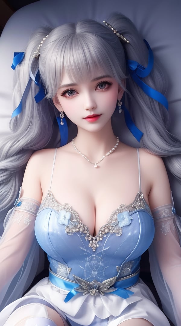 (,1girl, ,best quality, ),looking at viewer, <lora:380-DA-武动乾坤-林青檀:0.8> ,, ,masterpiece, ((((1girl, solo , lying, )))) (()), (), ,ultra realistic 8k cg, flawless, clean, masterpiece, professional artwork, famous artwork,  (( , )),, dreamlike, unreal, science fiction, luxury, jewelry, diamond, gold, pearl, gem, sapphire, ruby, emerald, intricate detail, delicate pattern, charming, alluring, seductive, erotic, enchanting, hair ornament, necklace, earrings, bracelet, armlet,halo,(()),, (), 1girl, solo, blue_ribbon, detached_sleeves, ribbon, long_hair, twintails, thighhighs, bow, blue_sleeves,silver hair, 