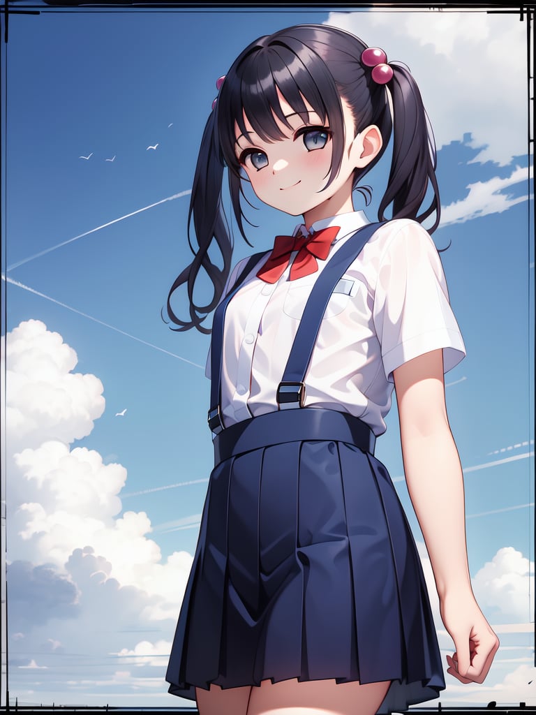 <lora:Tsutsumi_Kinuka:0.8>, TsutsumiKinuka, 1girl, solo, skirt, outdoors, twintails, shirt, white shirt, hair ornament, hair bobbles, suspenders, day, smile, looking at viewer, short sleeves, blue skirt, school uniform, pleated skirt, bow, suspender skirt, red bow, bowtie, red bowtie, long hair, bangs, closed mouth, cloud, collared shirt, cowboy shot, sky, border, blush, standing, blue sky,masterpiece, high quality, very_high_resolution, large_filesize, full color,