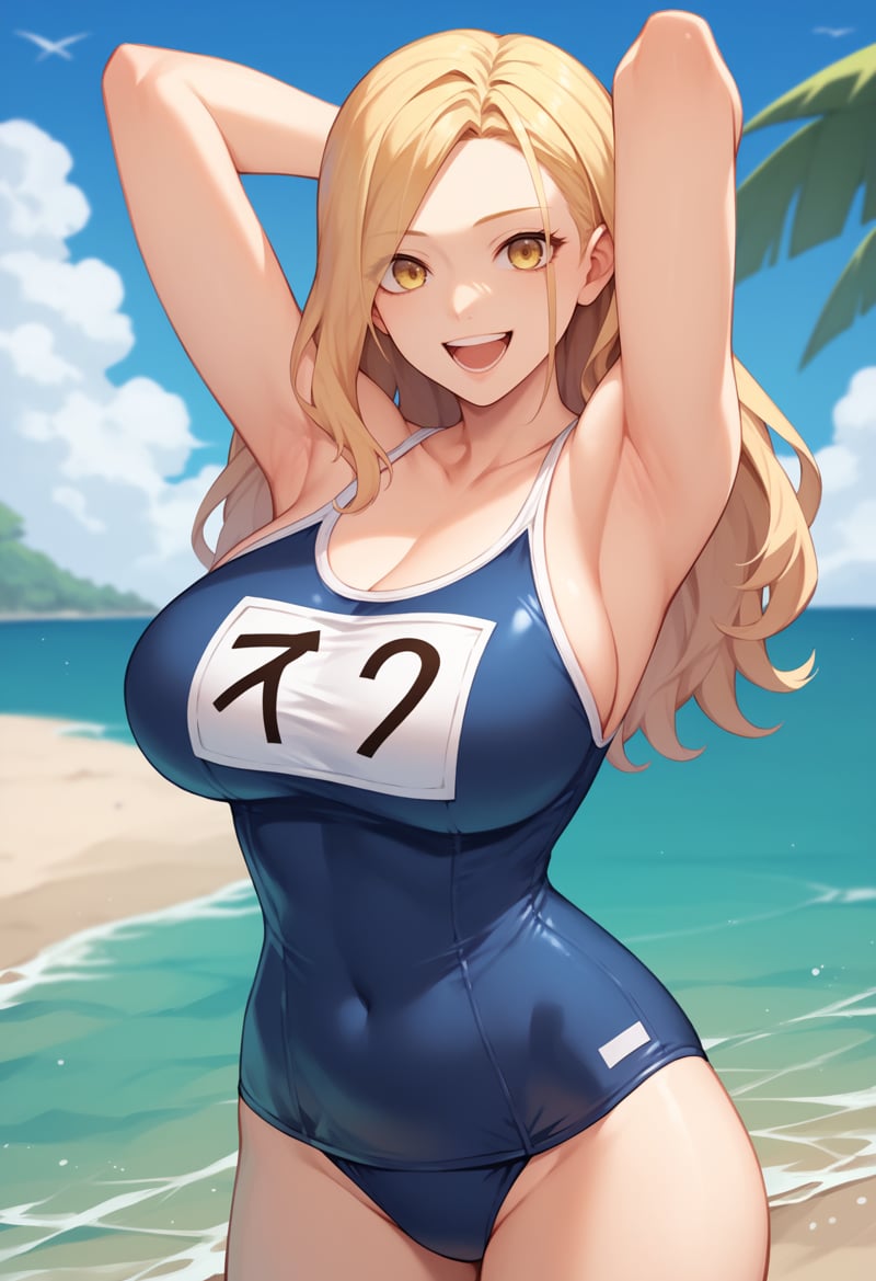 score_9, score_8_up, score_7_up, score_6_up, score_5_up, score_4_up, BREAK1girl, kisara, blonde hair, long hair, yellow eyes,large breasts, school swimsuit, hands behind head, one-piece swimsuit, open mouth, smile, happy, solo, looking at viewer, sea, sand, blue sky, tropical island background   <lora:KisaraXL:1>