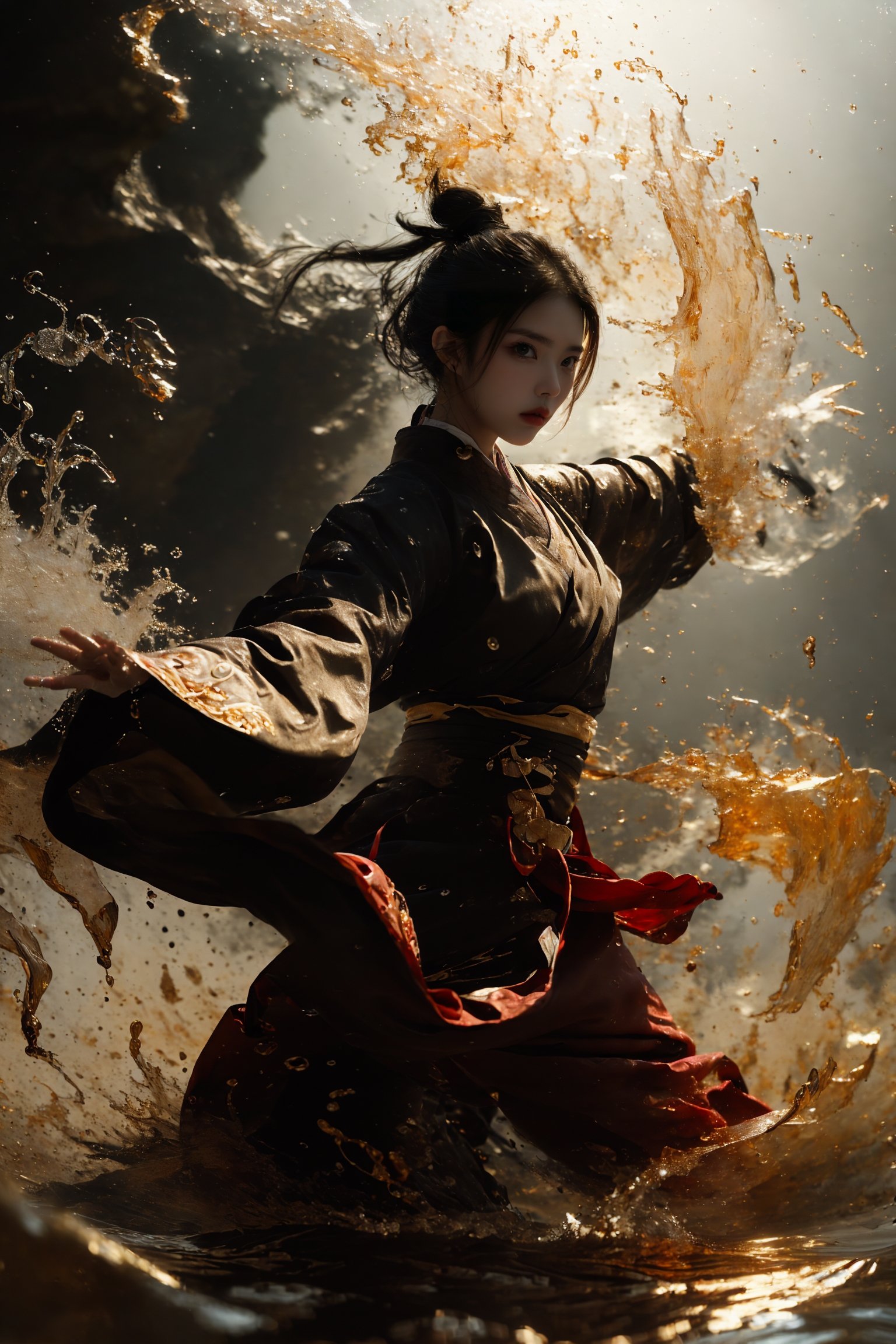 ultra high resolution, ((masterpiece))), (((best quality))), ((super detailed)),  ((extremely delicate and beautiful)),cinematic light, detailed environment，(real), motion blur, depth of field,1 girl,solo,black hair,High ponytail,(absurd long ponytail:1.3), (dark red and light gold hanfu:1.2), wide sleeves,wide sleeves, outstretched arms, fighting stance,(splashing:1.3),<lora:绪儿-武侠V3 xuer martial arts:0.8>