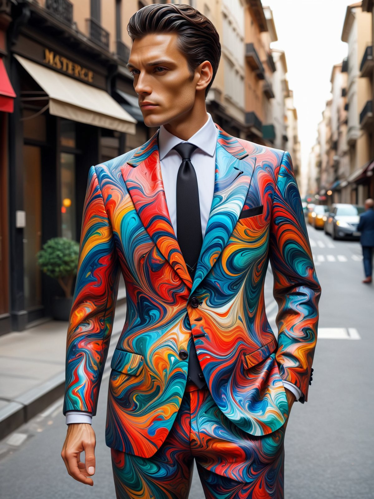 man wearing a mad-marbled-paper suit, city <lora:Colorful_Marbled_Paper_SDXL:0.8>, (masterpiece:1.2), best quality