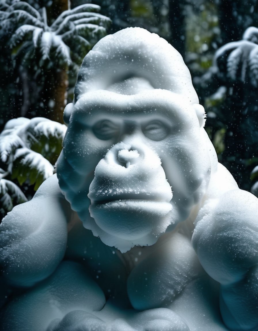 <lora:Aether_Snow_v1_SDXL_LoRA:1.0> photo of a gorilla made of snow, in a rain forest, cinematic