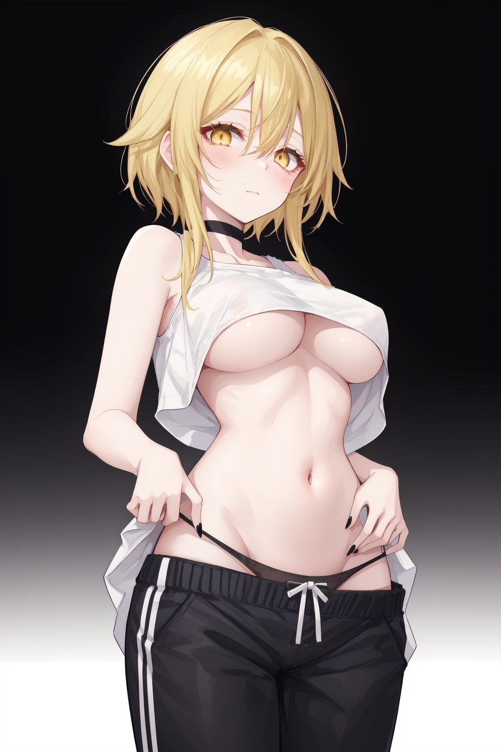 1girl,breasts,pants,underwear,blonde hair,solo,panties,navel,looking at viewer,underboob,yellow eyes,large breasts,bangs,black background,lifted by self,stomach,pants pull,black pants,short hair with long locks,pulled by self,gradient background,nail polish,black nails,clothes lift,hair between eyes,closed mouth,gradient,bare shoulders,clothes pull,shirt lift,cowboy shot,track pants,blush,choker,po style,s6xryc3,add9evlo65x,sfd6de8tv,sd6cepo5s,sf6ce9w8hd,sd69eogd,5wsd6gics,