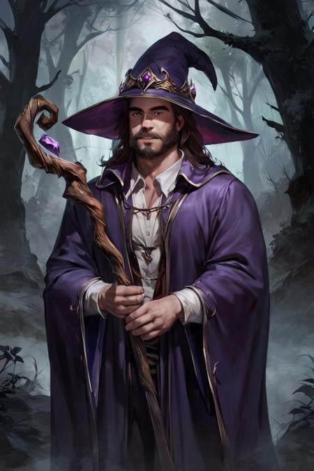 score_9, score_8_up, score_7_up, rating_safe, concept art, digital art, realistic, 1boy, solo, male focus, mature male, wizard, long hair, brown hair, black eyes, looking at viewer, hat, facial hair, beard, mustache, staff, wizard hat, purple hat, shirt, collared shirt, robe, purple robe, cloak, holding, holding staff, upper body, standing, outdoors, forest, nature, tree, fog, dark background <lora:Concept Art Ultimatum Style LoRA_Pony XL v6:1>