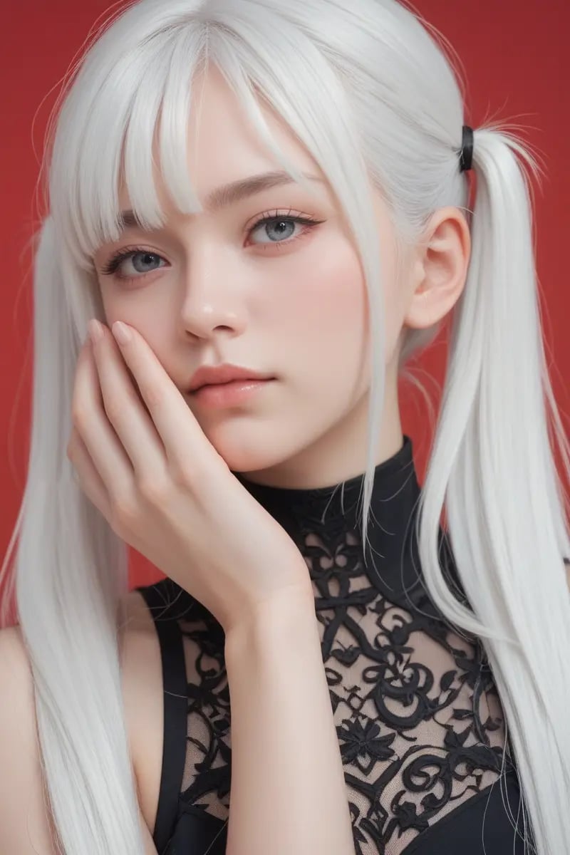 score_9, score_8_up, score_7_up, 1girl,25 years old, long hair with twintails, white hair, black sheer dress, red background, portrait,  hand on face,