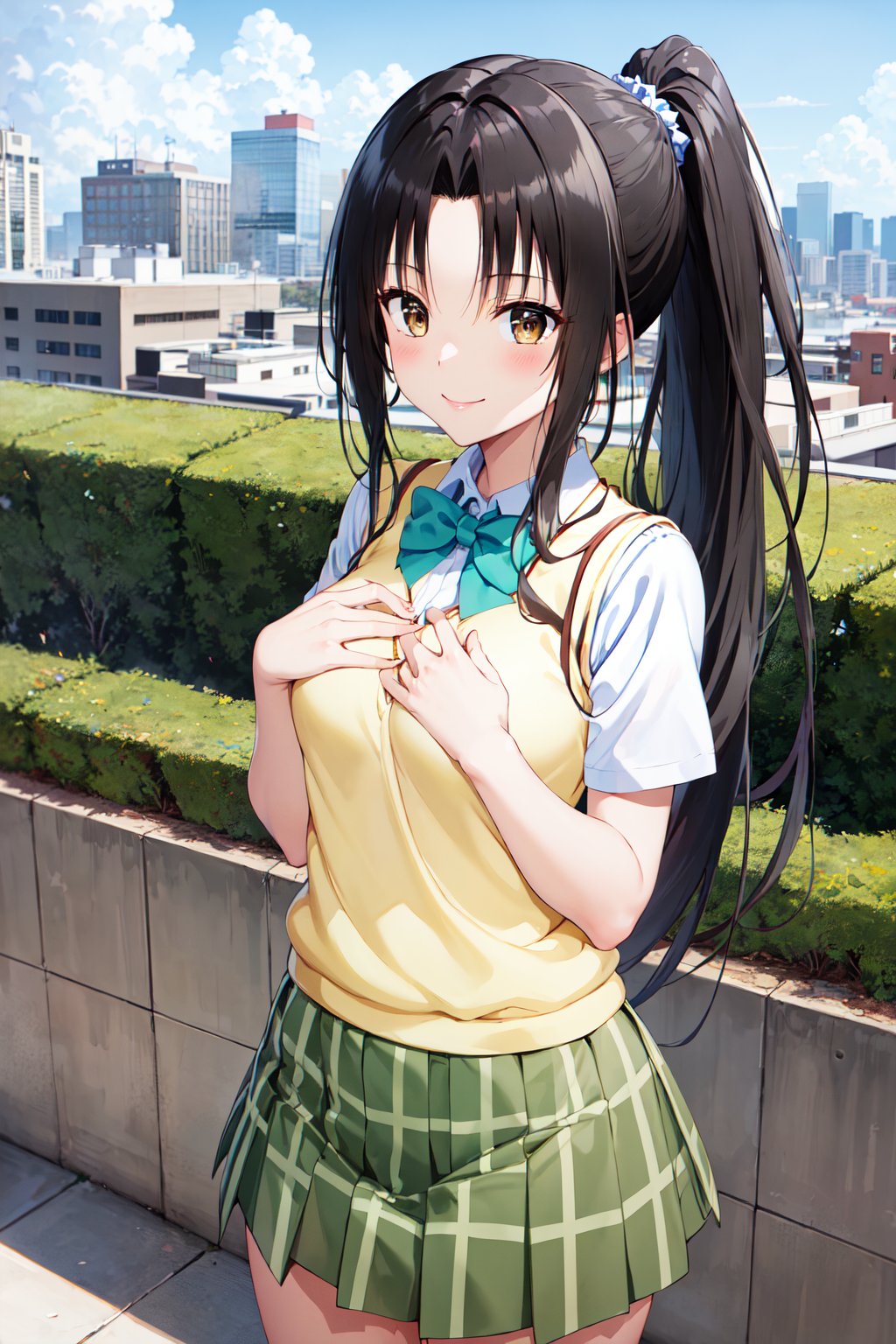 masterpiece, best quality, highres, 1girl, solo, long hair, black hair, ponytail, parted bangs, brown eyes, school uniform, green bowtie, white shirt, short sleeves, sweater vest, yellow vest, plaid skirt, green skirt, <lora:kujou_rin_v1:0.7>, standing, cowboy shot, smile, hands on own chest, rooftop, city,  blue sky