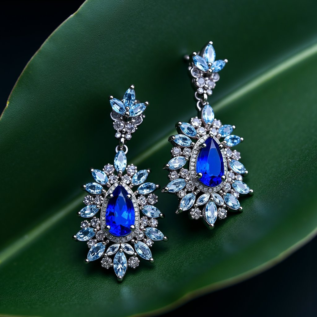 a close up of a pair of earrings on a leaf,sapphire earrings,blue adornements,boucheron style,wearing ornate earrings,rich azure tones,blue jewellery,elaborate earrings,jewel embellishment,ornate jewels,van cleef  and  arpels style,embedded with gemstones,earring design,detailed jewellery,ornate colored gems and crystals,gemstones for eyes,opal statues adorned in jewels,ornate gems,boucheron,award - winning crisp details,silver and sapphire,ornate jewelry,with small studded earings,jewelry photography,ornate and intricate jewelry,earrings. highly detailed,emerald earrings,multiple earrings,large blue diamonds,earrings,adornments,exquisite fine details,van cleef  and  arpels,