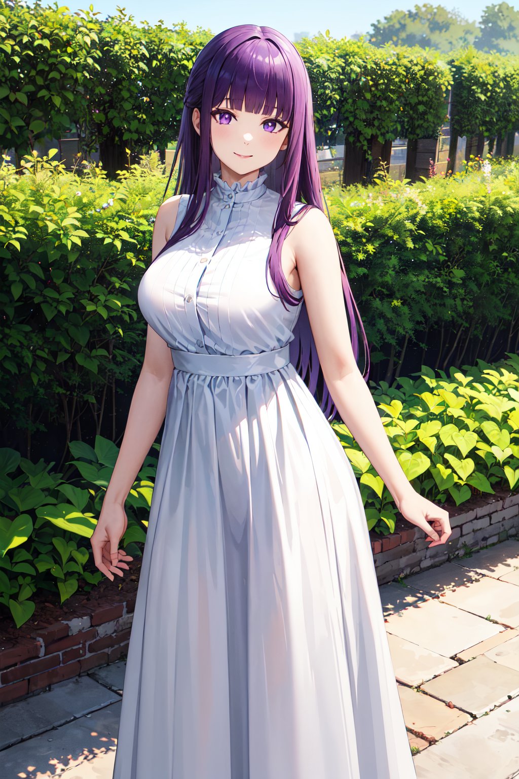 masterpiece, best quality, highres, aafern, long hair, purple hair, blunt bangs, purple eyes, large breasts, long dress, white dress, sleeveless, <lora:fern_(sousou_no_frieren)_v1:0.7>, standing, cowboy shot, garden, smile,