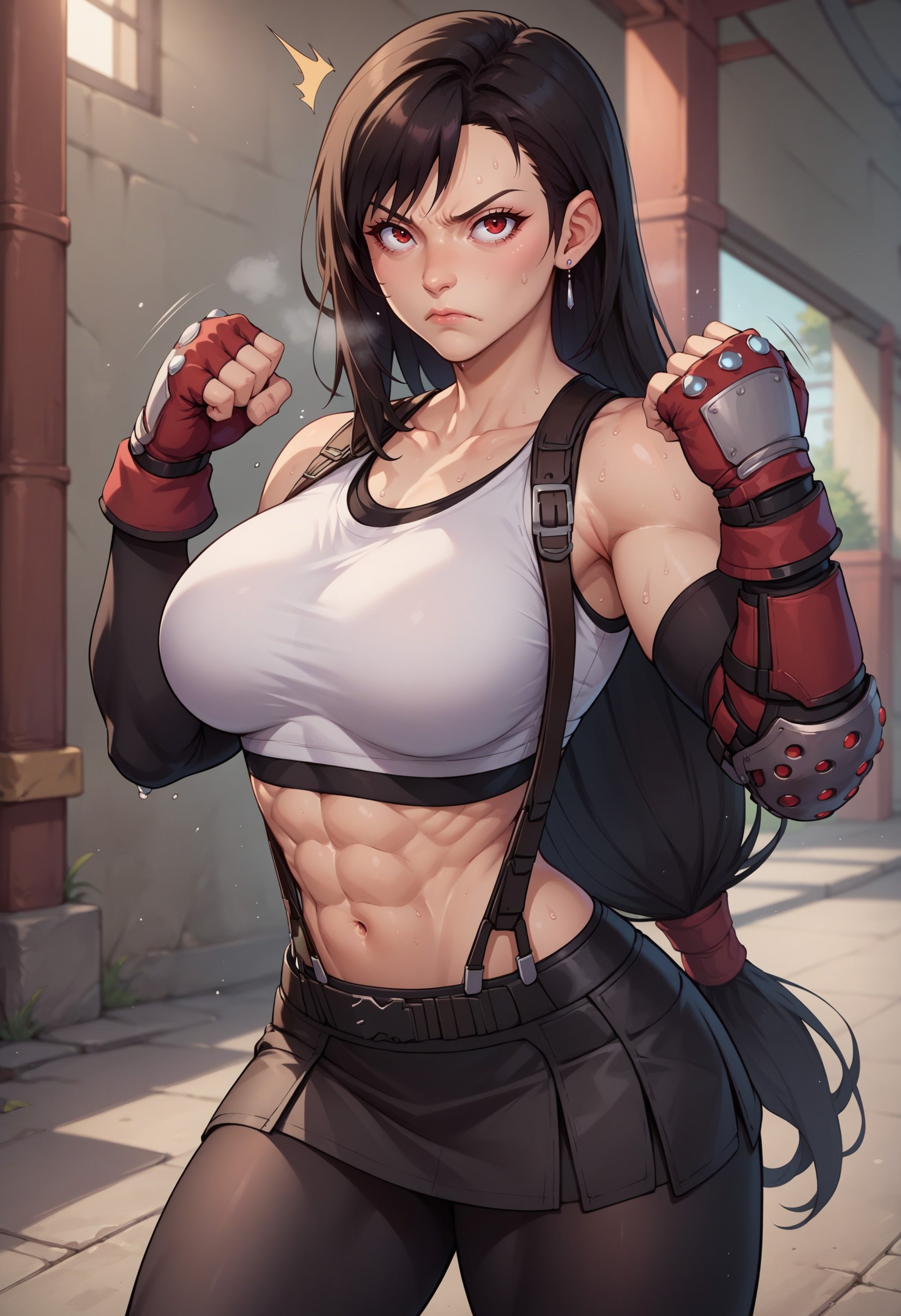 score_9, score_8_up, score_7_up, score_6_up, BREAK motion lines,tifa lockhart,crop top,leggings,muscular,serious,sweat,punching <lora:mfcgXL:0.8>