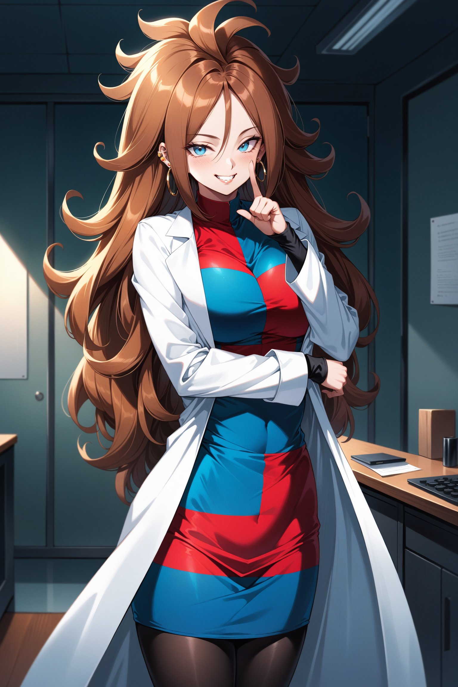 (masterpiece, best quality, very aesthetic, ultra detailed), intricate details, aaandro, brown hair, long hair, curly hair, blue eyes, hoop earrings, two-tone dress, checkered dress, white coat, labcoat, long sleeves, black pantyhose, <lora:android_21_XL_v1:0.9>, indoors, standing, cowboy shot, grin, smile, shushing,