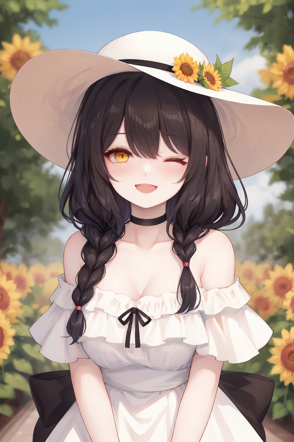 1girl, sunflower, solo, flower, hat, dress, one eye closed, long hair, braid, smile, open mouth, bare shoulders, looking at viewer, holding flower, white dress, straw hat, holding, hat flower, ;d, collarbone, off-shoulder dress, bangs, twin braids, brown headwear, yellow flower, blurry, short sleeves, upper body, outdoors, off shoulder, blush, choker, sun hat, ribbon choker,,,