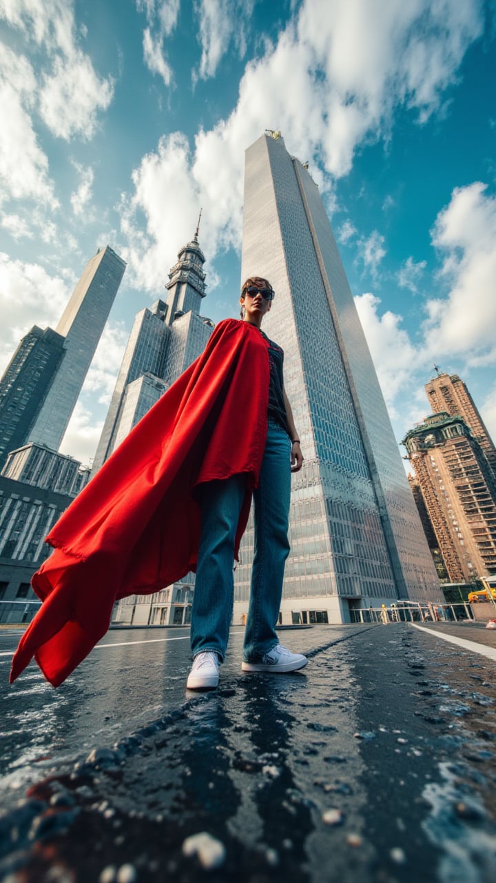 In a vibrant and colorful anime world, a figure dressed in a red cape and blue jeans stands on the edge of a towering skyscraper. stylized by Zena Holloway, Fan Ho, rococo, meticulous technique, Superflat art movement, matte painting, dance photography, Finnish national epic, aidmaExperimentalPhotography