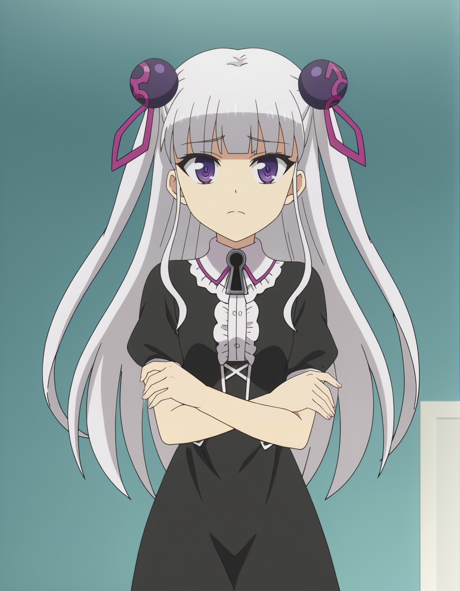 1girl,anime screencap,solo, <lora:MariaNaruse_16XL:0.8> maria_naruse, purple eyes, bangs, white hair,long hair,hair ornament,closed dress,