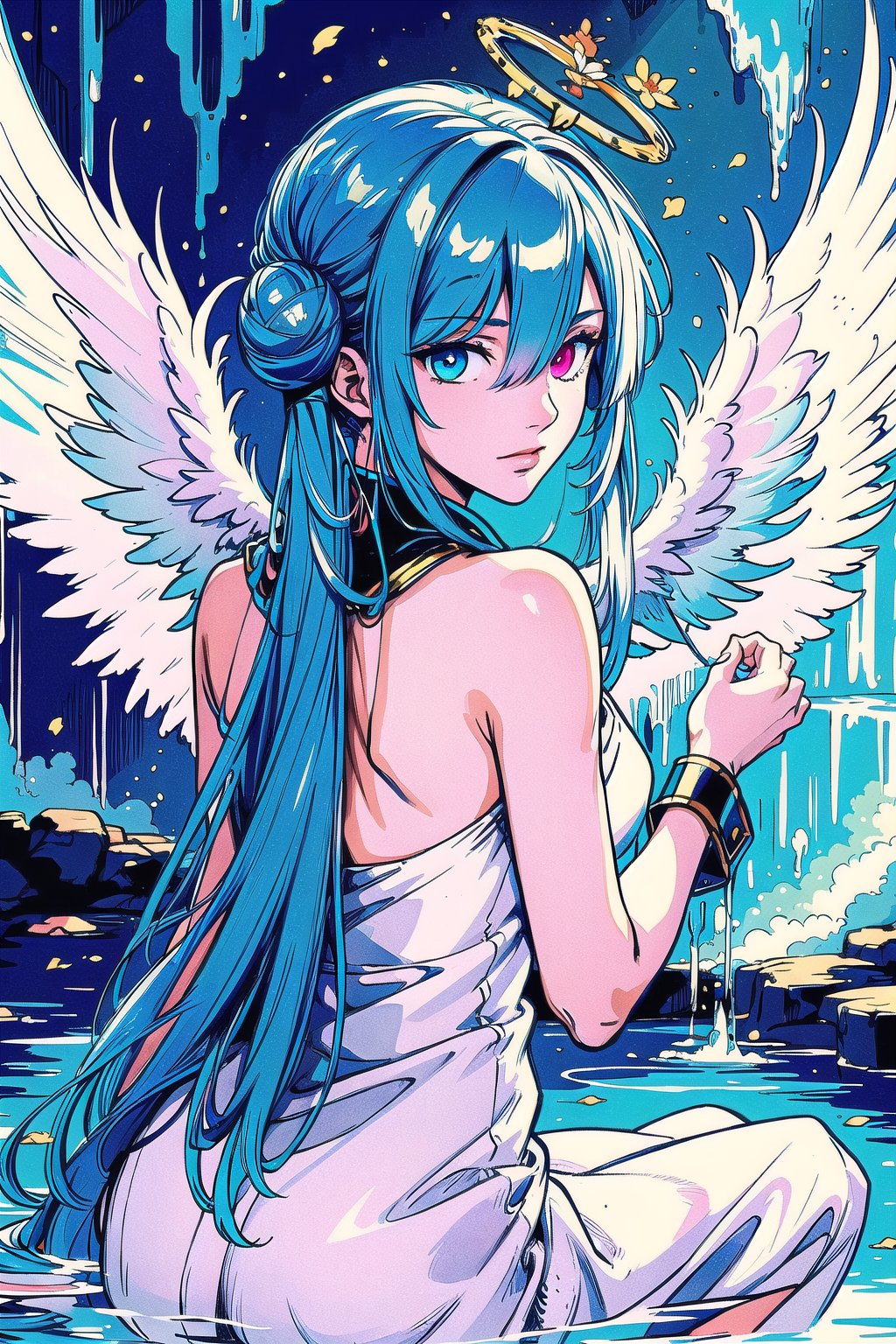 (masterpiece, best quality:1.3), top quality, 8k, dynamic, faux traditional media, digital illustration, dramatic lighting, yasuak1,1girl, solo, blue hair, very long hair,heterochromia, side ponytail, single side bun, long hair, looking at viewer, bangs, blue eyes, dress, hair between eyes, bare shoulders, sitting, white hair, wings, looking back, water, white dress, wrist cuffs, halo, angel wings, angel, white theme, bloom<lora:EMS-47252-EMS:0.300000>, <lora:EMS-367408-EMS:0.600000>, <lora:EMS-269853-EMS:0.200000>