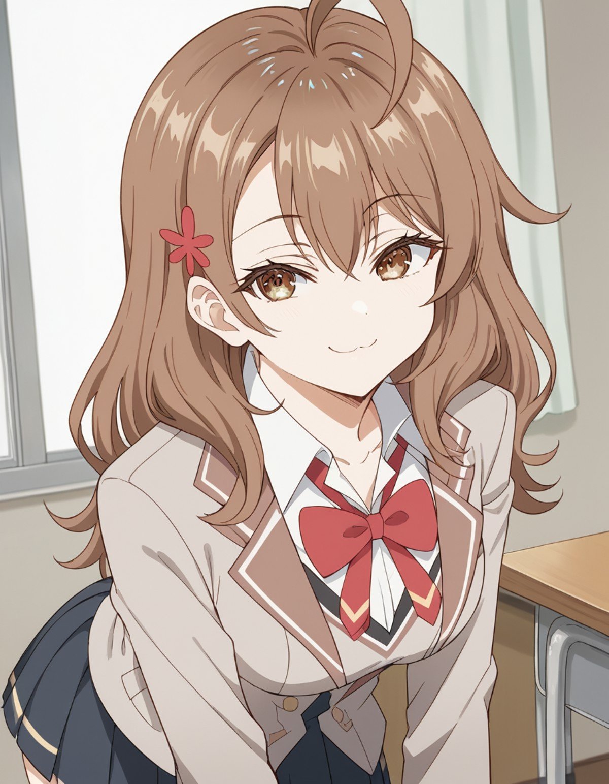 score_9, score_8_up, score_7_up, source_anime, <lora:maria-mikhailovna-kujou-alpha-ponyxl-lora-nochekaiser:1>, maria mikhailovna kujou, long hair, bangs, brown hair, hair ornament, hair between eyes, brown eyes, ahoge, shirt, bow, school uniform, jacket, white shirt, collared shirt, bowtie, red bow, blazer, red bowtie, black skirt, pleated skirt,, indoors, bent over, smile, smug, looking at viewer, solo,, cowboy shot, dutch angle