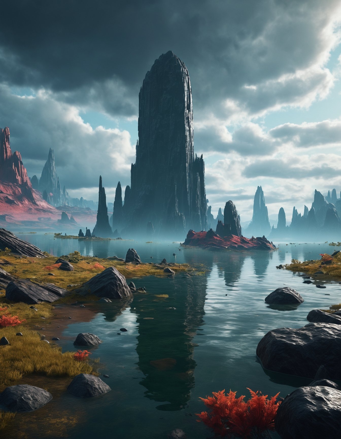 extremely detailed, landscape of an unknown planet, monolith, lake, cloudy weather, unreal engine 5, perfect composition, vibrant, rtx, hbao