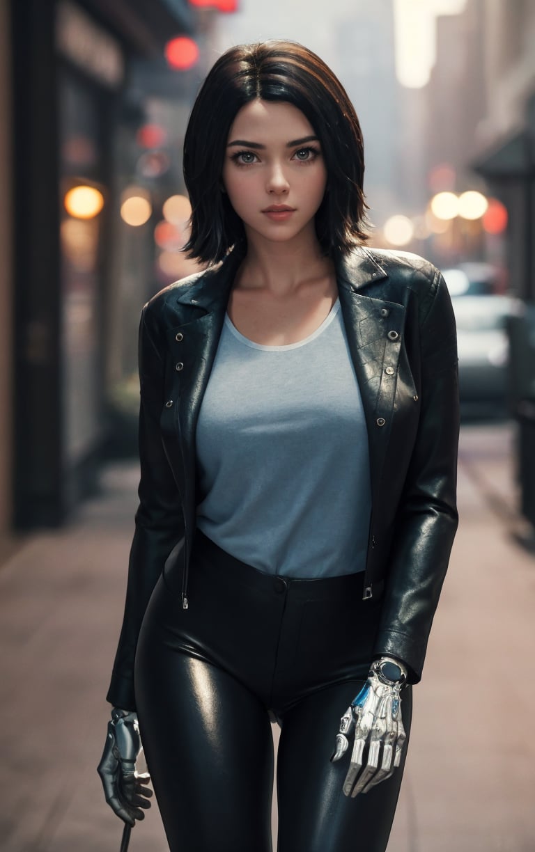 Jacket_Alita_LiveAction_ownwaifu,1girl, black hair, realistic, lips, brown eyes, short hair, nose, medium hair, cyborg, mechanical arms,shirt, jacket, black jacket, leather jacket, leather, open jacket, blue shirt, pants, cyberpunk,<lora:CONCEPT_Alita_LiveAction_ownwaifu:0.7> ,((masterpiece)),((best quality)),(highres, absurdres), original, official_art, chromatic_aberration, light_particles, bokeh, bloom, depth_of_field, outdoors, day, looking at viewer, solo, cowboy shot, 