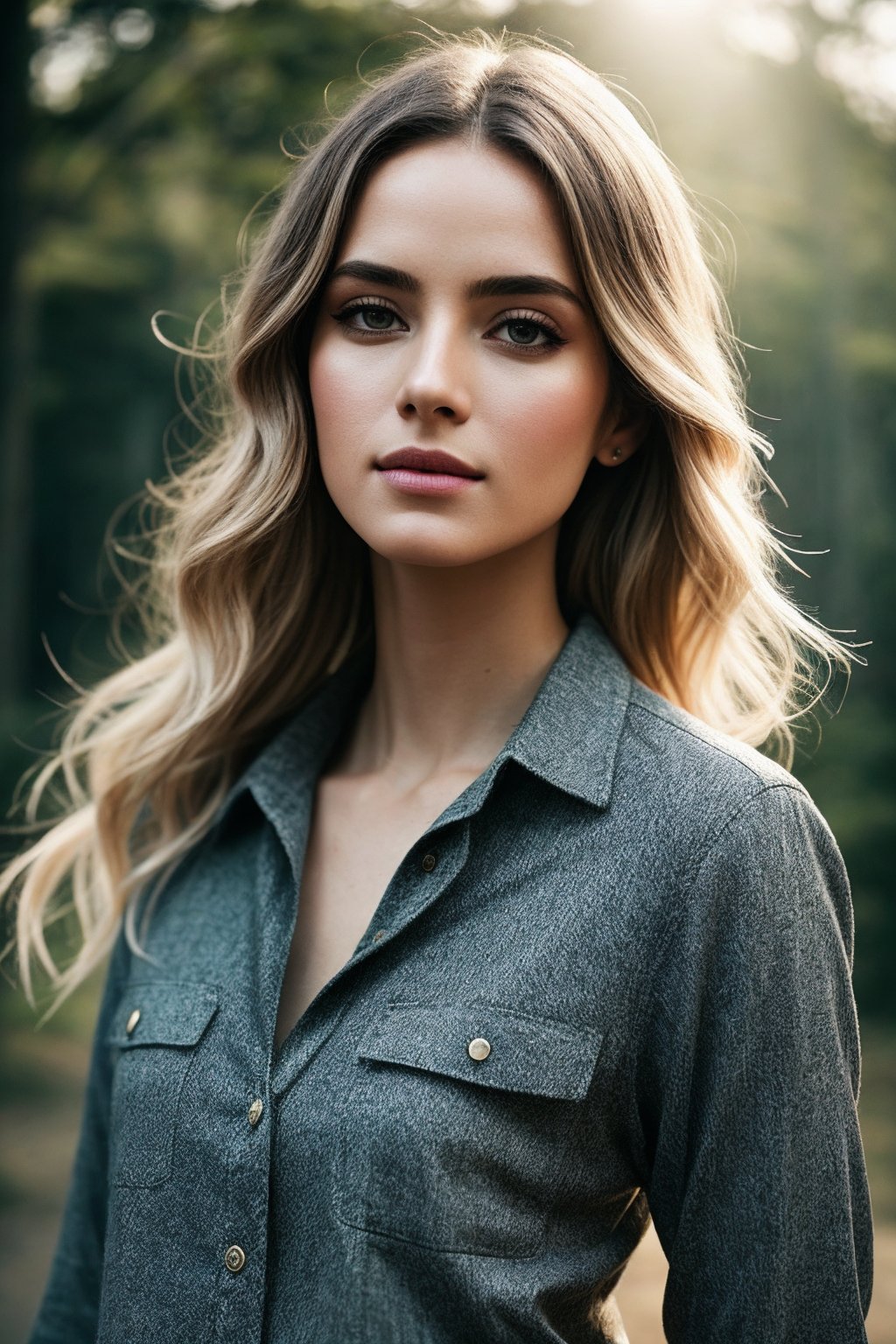 photo of a woman with perfect hair, wearing Sandstone shirt, (fantasy city:1.1), modelshoot style, (extremely detailed CG unity 8k wallpaper), professional majestic photography, (Leica M6 Camera), 24mm, exposure blend, hdr, faded, extremely intricate, High (Detail:1.1), Sharp focus, dramatic, soft cinematic light,(detailed pupils), 4k textures, elegant, ((((cinematic look)))), soothing tones, insane details, hyperdetailed, low contrast,