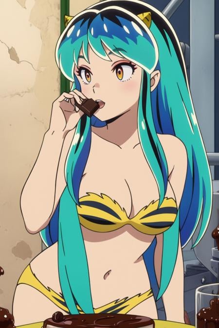 masterpiece, 8k,<lora:Urusei Yatsura lum:0.7> lum, oni horns, Playfully tugging at clothing, Chocolate Factory