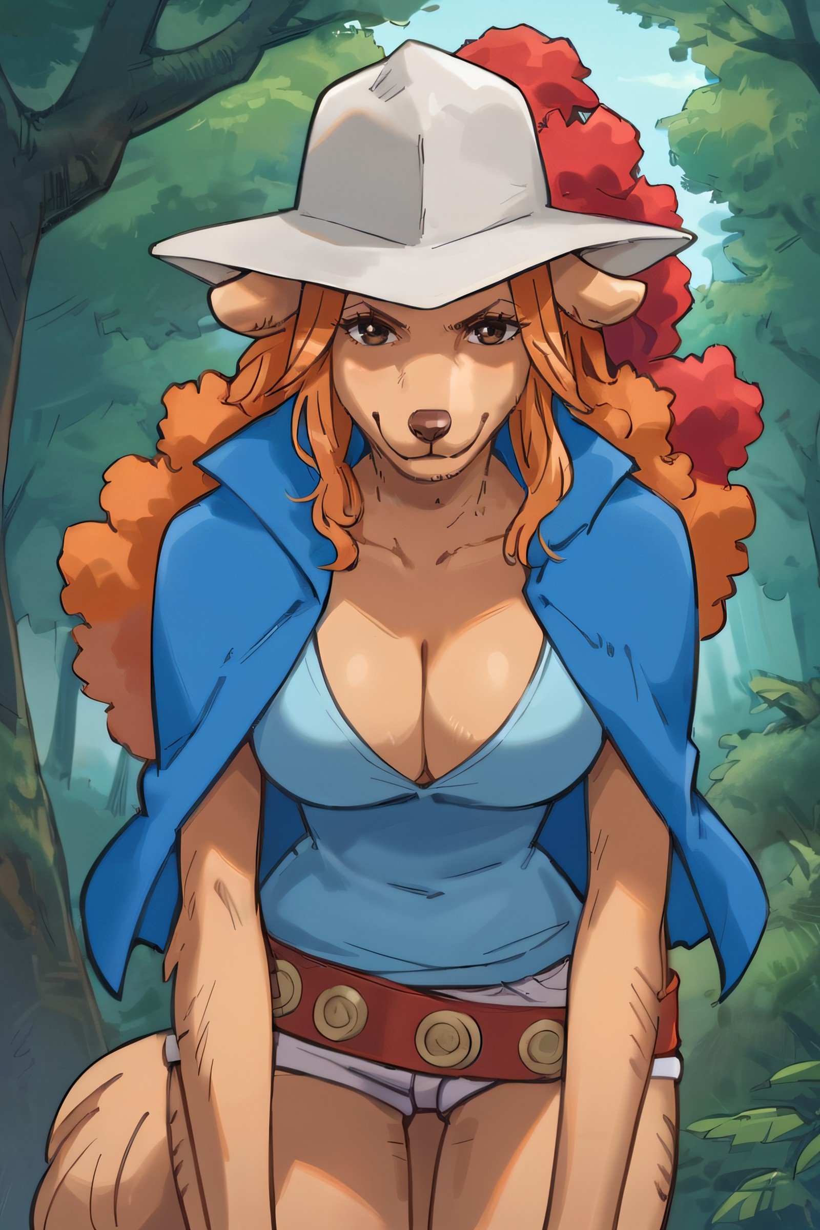 score_9, score_8_up, score_7_up, score_6_up, score_5_up, 1girl, wanda, dog girl, furry,body fur, brown fur, long hair, orange hair, brown eyes, animal ears, dog ears, tail, animal face, snout,zou outfit, hat, feather, cleavage, short shorts, belt, blue capelet, tied capelet, blue shirt,solo, seductive smile, looking at viewer, forest, tree, leaning forward,  <lora:wanda-pony:0.85> <lora:Smooth Style 2 SDXL_LoRA_Pony Diffusion V6 XL:0.8>