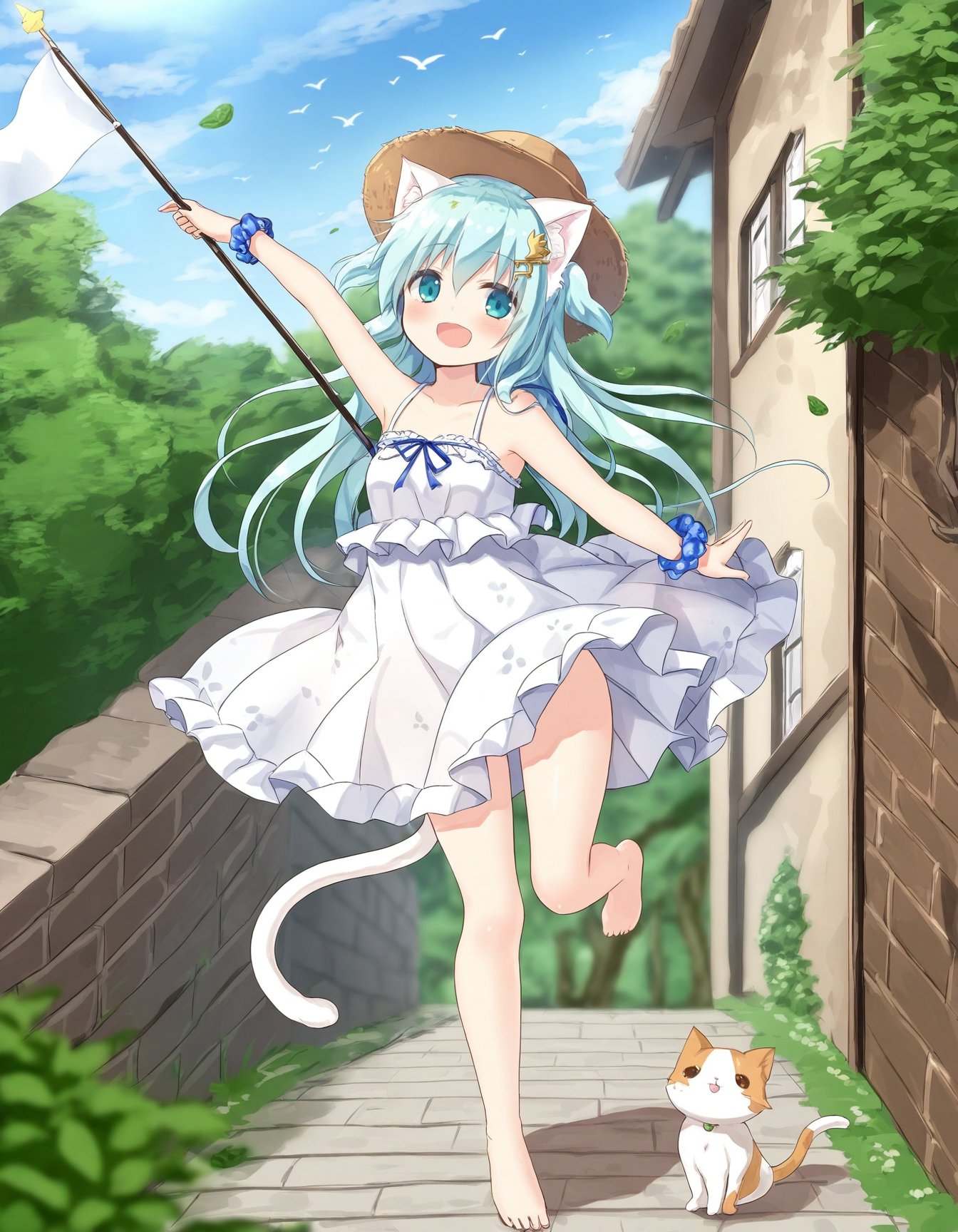 masterpiece,best quality,yano_mitsuki_\(nanairo\),,mint_\(uchi_no_pet_jijou\),1girl, \:d, animal_ears, anniversary, aqua_eyes, aqua_hair, barefoot, bird, blurry, blush, brick_wall, calico, cat, cat_ears, cat_tail, cloud, commentary_request, day, depth_of_field, dress, flag, flock, hat, highres, jpeg_artifacts, key_hair_ornament, long_hair, mint_\(uchi_no_pet_jijou\), open_mouth, outdoors, outstretched_arms, scrunchie, sky, smile, solo, spread_arms, standing, standing_on_one_leg, sun_hat, sundress, tail, tree, uchi_no_pet_jijou, unworn_hat, unworn_headwear, wrist_scrunchie, , <lora:HANS_V40_yano_mitsuki:0.8>