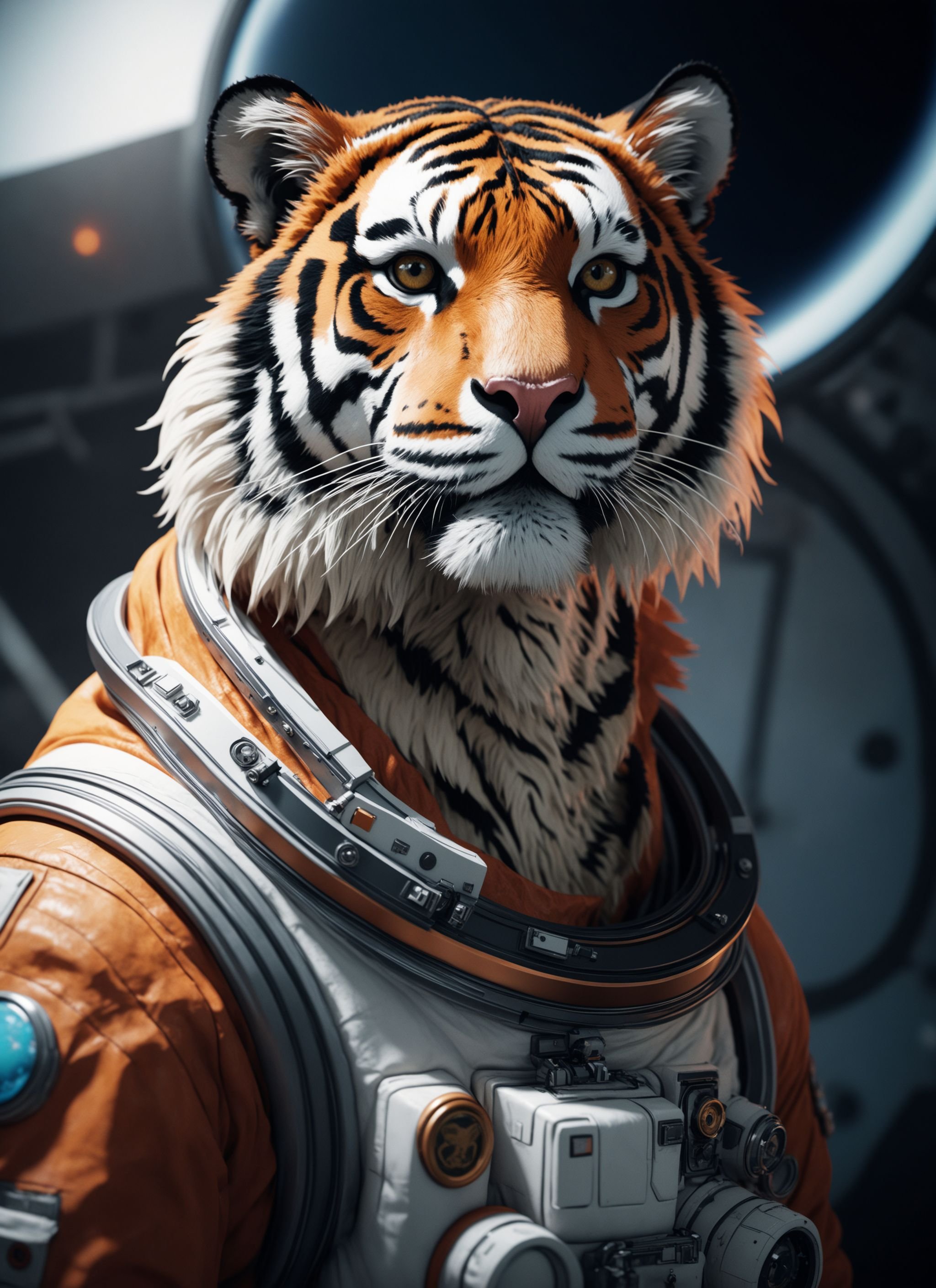 realistic 8K raw photography, Beautiful image of tiger, astronaut character concept, highly detailed, full of color, cinematic lighting, Realistic textures, Detailed features