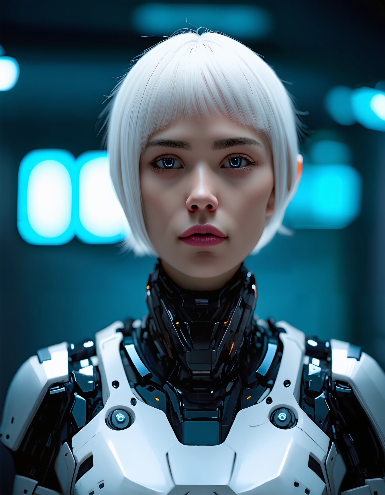 best quality,4k,8k,highres,masterpiece,ultra-detailed, woman, looking at viewer, short hair, upper body, white hair, blurry, lips, blurry background, science fiction, realistic, android, joints, very short hair, cyborg, robot joints, mechanical parts, cyberpunk, SD3_cartoon_ep10.safetensors