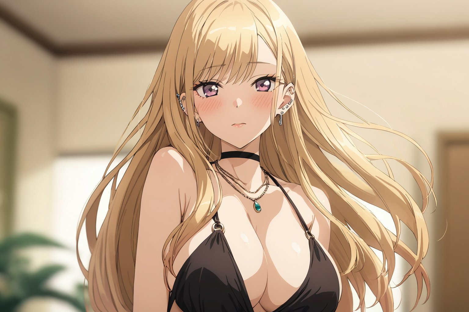 masterpiece,bestquality,<lora:kitagawa_marin-000002:0.6>,kitagawa marin,1girl,solo,black choker,blonde hair,(blurry:1.2),blush,breasts,large breasts,closed mouth,ear piercing,floating hair,jewelry,long hair,necklace,ring,looking at viewer,indoor,