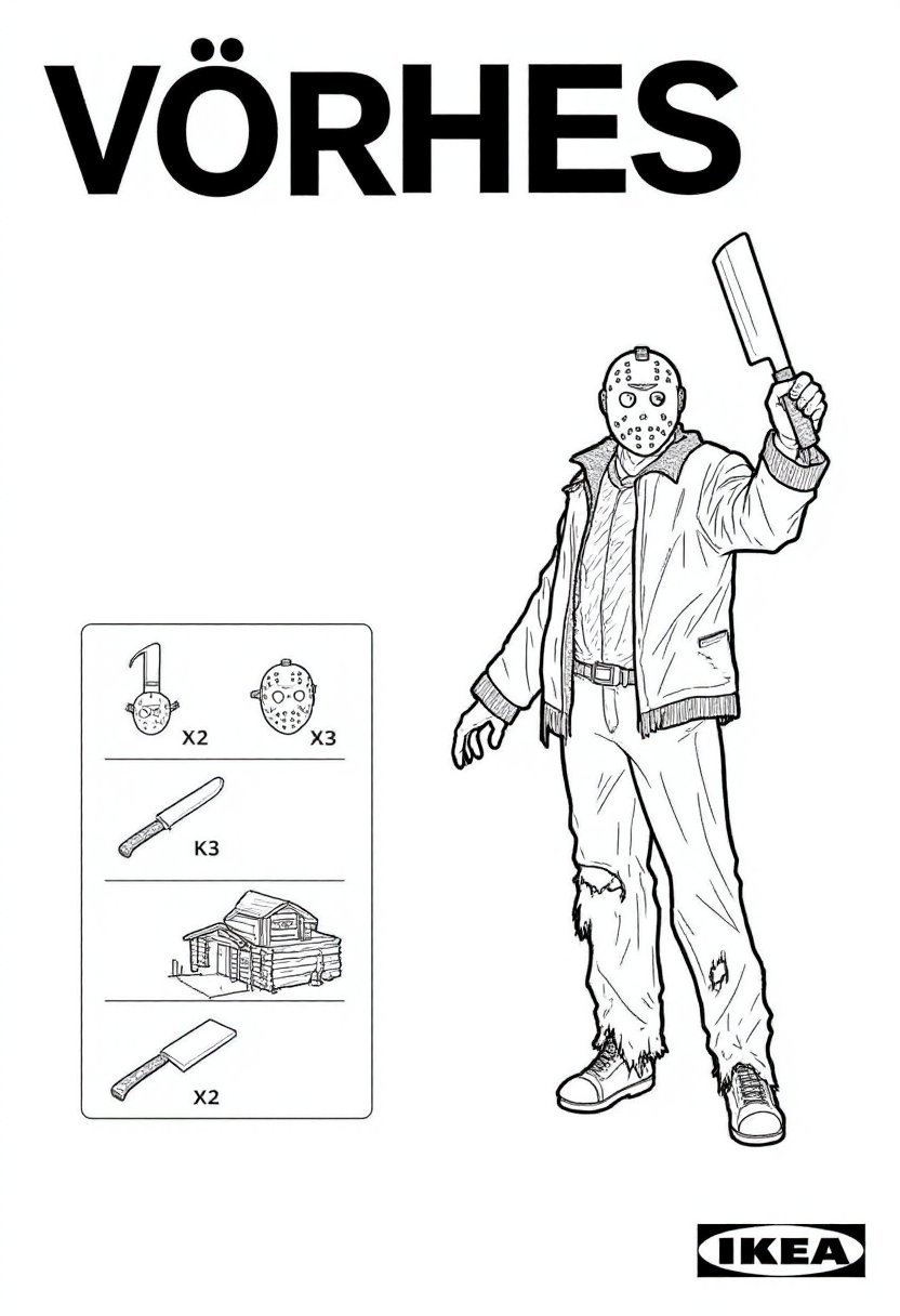 This image is a black-and-white line drawing, styled as a product listing for IKEA, featuring a character named "Vörhes". The drawing is digital and features a detailed illustration of a character dressed as the villain from the horror movie "Friday the 13th", Jason Voorhees. The character stands in a dynamic pose, holding a large machete in his right hand, raised above his shoulder. He is depicted in a ragged, tattered outfit that appears to be a hockey mask, a torn and tattered jacket, and ripped pants. The mask has three slashes across it, and his eyes are drawn with a menacing stare.To the left of the character illustration, there is a box with several labeled and illustrated parts: a hockey mask, a large knife, a log cabin. The background is plain white, with the IKEA logo and "VÖRHES" in bold, uppercase letters at the top.<lora:IKEA_Instructions_Style_FLUX:0.8>