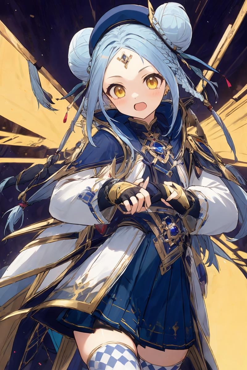 <lora:希夕莉:0.8> 1girl, hat, braid,Light blue hair, thighhighs,yellow eyes,skirt, fingerless gloves, long sleeves, double bun,small white thighhighs,forehead jewel,upper body,, masterpiece, best quality,intricate details