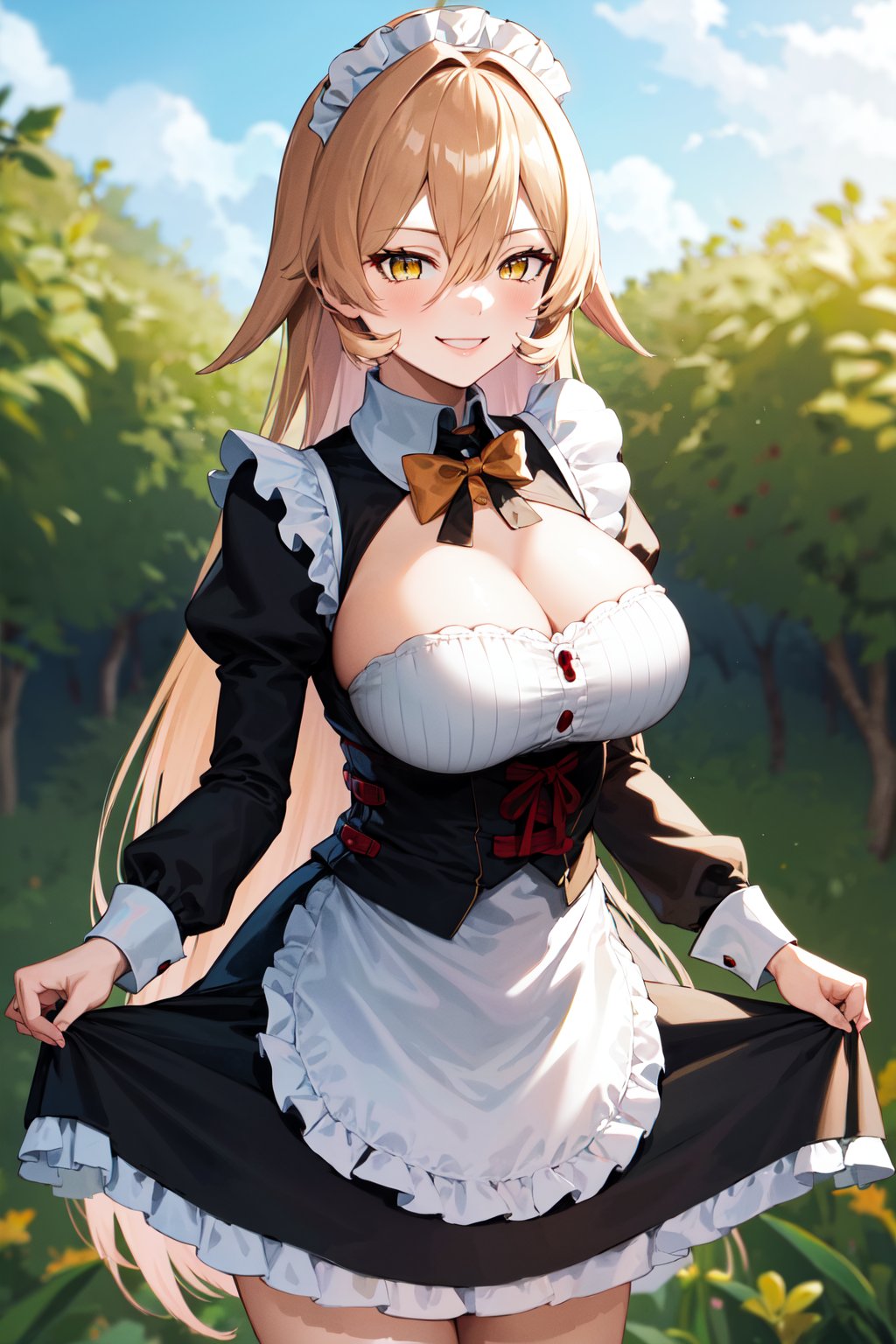 masterpiece, best quality, highres, aanui, long hair, blonde hair, hair between eyes, yellow eyes, large breasts,  <lora:nui_sociere_v1:0.7>, maid, maid headdress, bowtie, skirt hold, garden, smile, cowboy shot, standing,