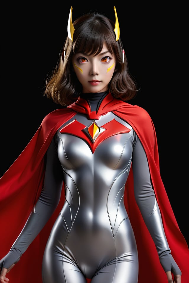 <lora:好吃米-fulilian-0000008 (1):0.8>,a photo of trultraman female ultraman, female ultraman 1, solo, looking at viewer, simple background, yellow eyes, cape, bodysuit, black background, red cape, red bodysuit