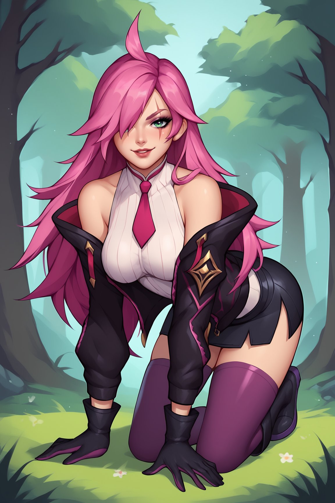 score_9, score_8_up, score_7_up, score_6_up, score_5_up, score_4_up, BREAK, KatarinaBAXL, katarina \(league of legends\), scar across eye, green eyes, pink hair, long hair, hair over one eye, ahoge, medium breasts, bare shoulders, open jacket, black jacket, pink necktie, white shirt, black gloves, black skirt, purple thighhighs, black thighhigh, multicolored thighhighs, solo, all fours, seductive smile, looking at viewer, forest, tree <lora:KatarinaBAXL:0.9>