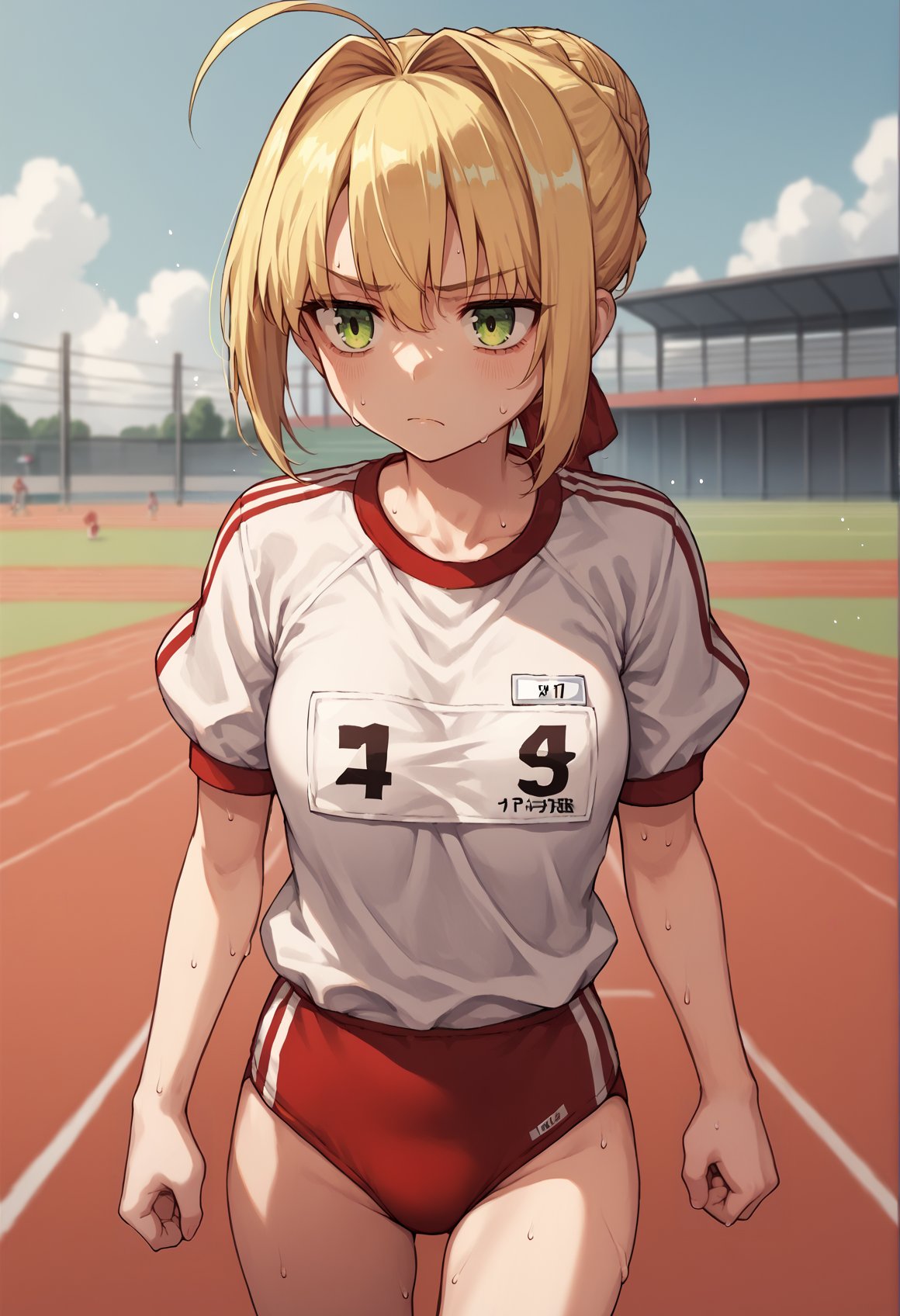 1girl, solo, blonde hair, french braid, single hair bun, green eyes, ahoge, gym uniform, red buruma, name tag, running, sweat, tired,  track field <lora:Mochiron_yo_da_yo:1>, score_9, score_8_up, score_7_up, score_6_up, score_5_up, score_4_up, BREAK source_anime, masterpiece