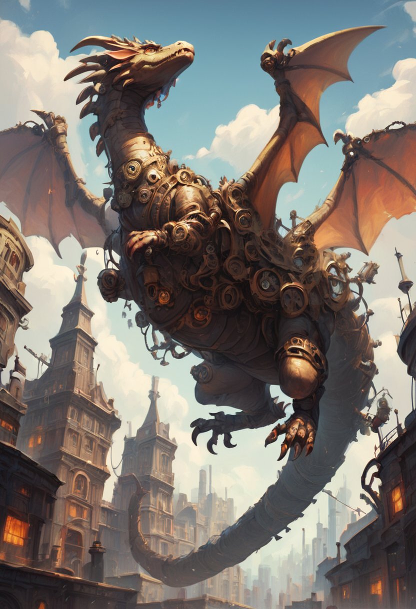 score_9, score_8_up, score_7_up,a ((steampunk mechanical)) dragon,flying above the clouds,breathing fire,city below,  clock tower, city lights,detailed background, <lora:Steampunk_Pony:1>