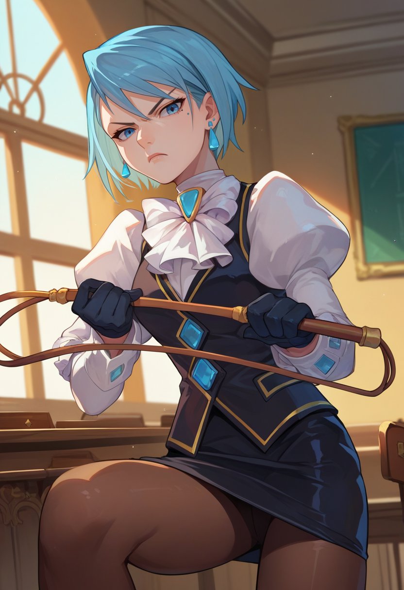 score_9, score_8_up, score_7_up, source_anime, solo, 1girl, aafranziska, serious, looking at viewer, holding whip, ascot, puffy sleeves, pencil skirt, pantyhose, black gloves, jewelry, earrings, indoors, courtroom <lora:aa_franziska_ponyXL:1>