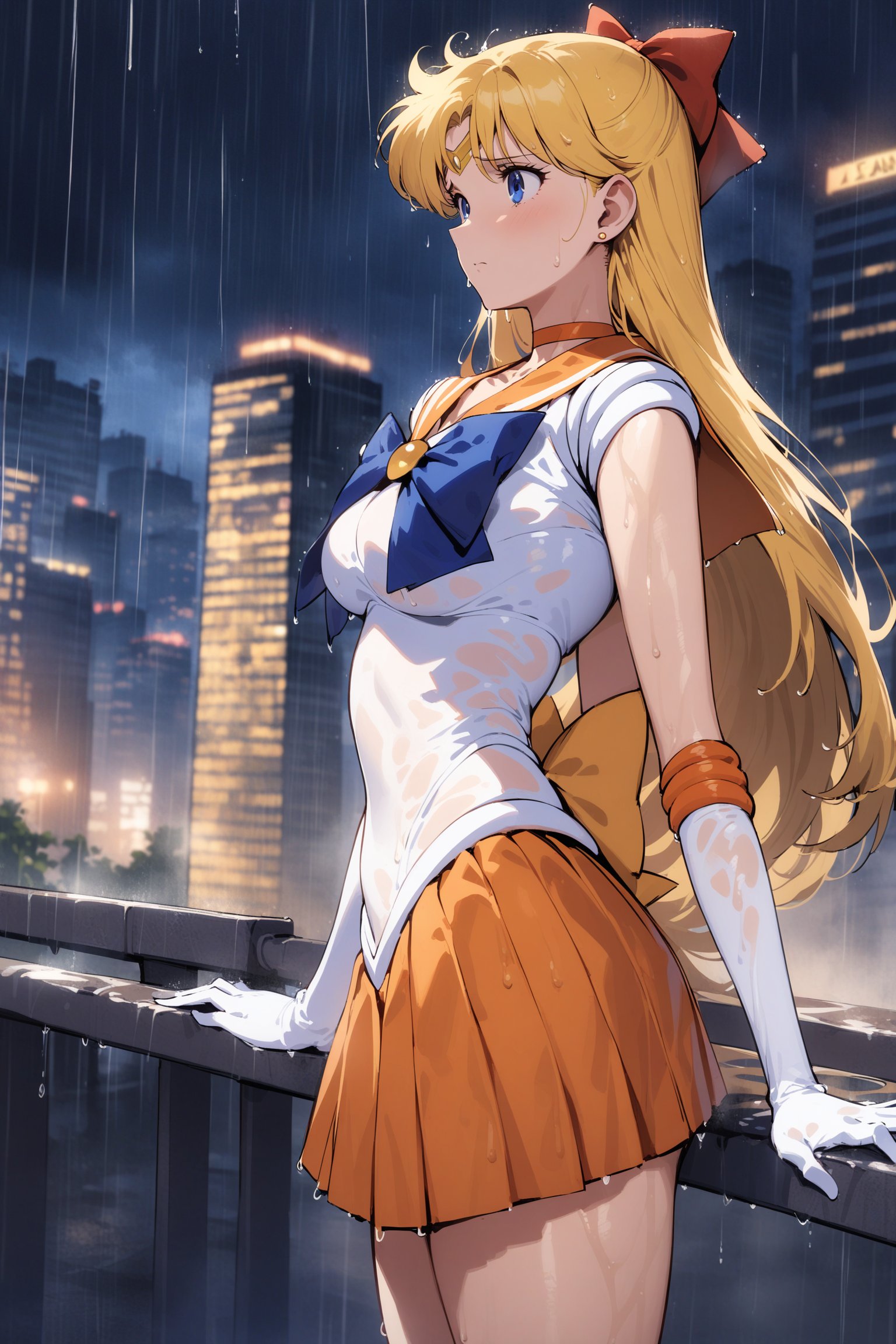 masterpiece, best quality, very aesthetic, absurdres, aavenus, long hair, blonde hair, hair bow, tiara, blue eyes, earrings, orange choker, collarbone, orange sailor collar, blue bowtie, white shirt, white leotard, elbow gloves, white gloves, pleated skirt, orange skirt,  <lora:sailor_venus_XL_v1(anima):0.9>, rain, city, night, wet, standing, sad,