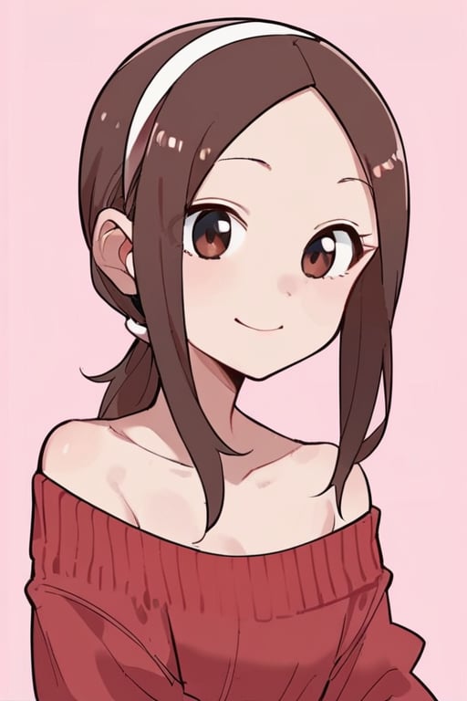 score_9, score_8_up, score_7_up, score_6_up, score_5_up, score_4_up <lora:motoTakagi:0.7> motoTakagi, takagi-san, brown eyes, low ponytail, 1girl, solo, red sweater dress, bare shoulders, white hairband, smile, pink background, looking at viewer, 