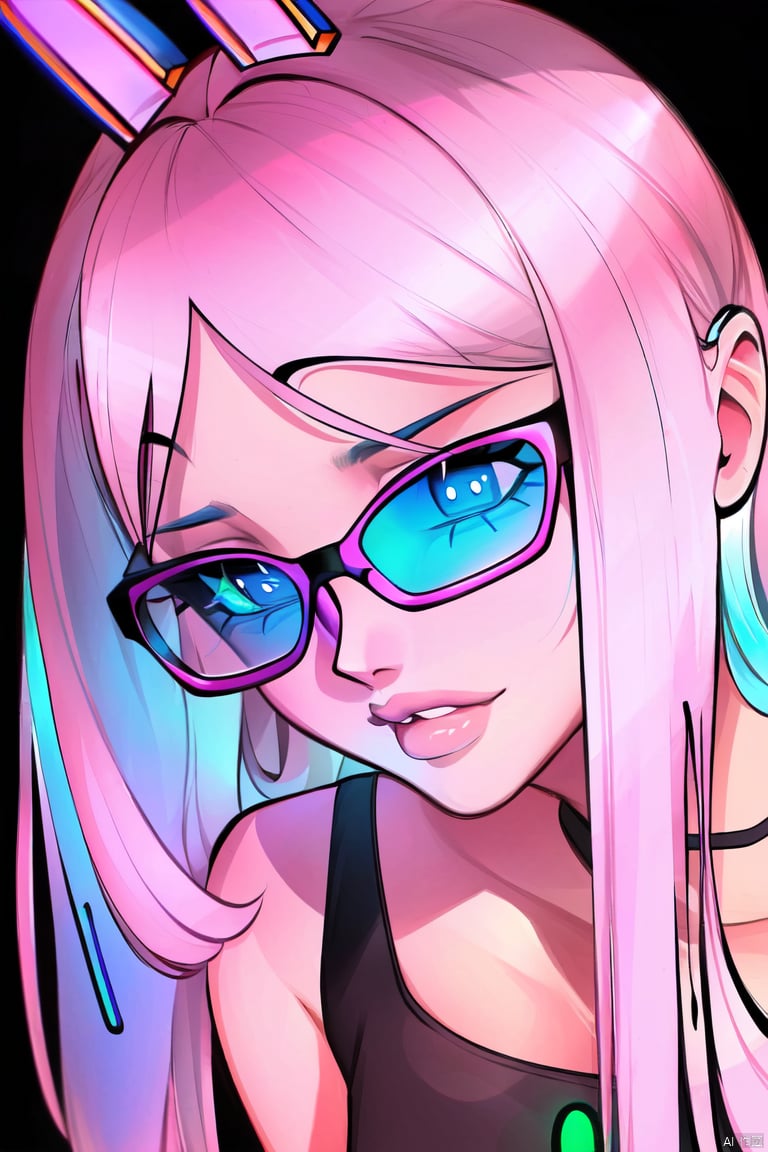 Vision Next,close-up front view of a long-haired woman wearing transparent futuristic glasses with glowing blue marks,silicone top and neon lights,highly detailed,ultra-high resolutions,32K UHD,best quality,masterpiece,Multiple people,milf,bishoujo,gyaru,thinking,leaning_back,leaning,arms_crossed,arm_around_waist,holding,saibo<lora:EMS-380362-EMS:1.000000>