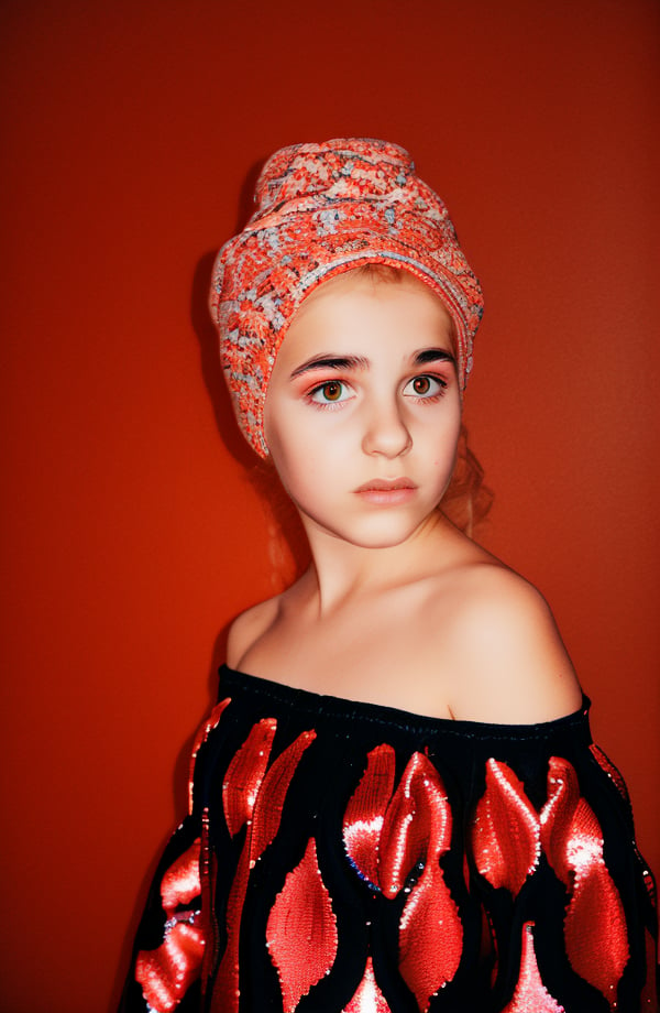 photorealistic, upper body, stand, 1girl 17 year-old, thick eyebrows (Turbant:1.2), super detailed skin texture, looking at viewer, black hair, off shoulder floral dress bright and very colorful sequins,  photo studio, dark simple blurred background, perfectly illumination,<lora:detail_slider_v4:1> <lora:flashphoto:1> <lora:InstantPhotoX3:0.3> <lora:Turbant:1> <lora:NightphotoV1-0:1>