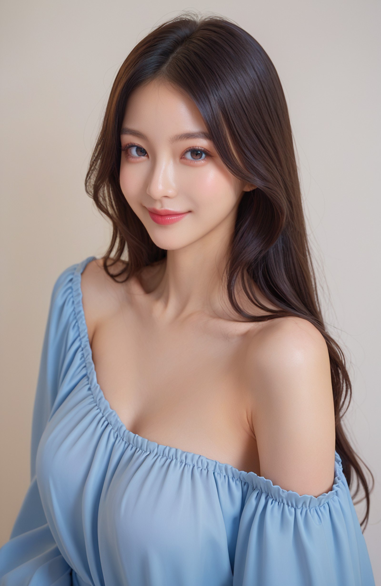 ,score_9,score_8_up,score_7_up, 20 years old, 8k, hd, beautiful girl, black hair, long hair, 1girl, detailed face, beautiful woman's face,  white background, looking at viewer, portrait, blue satin blouse, (oversized loose blouse), smile,