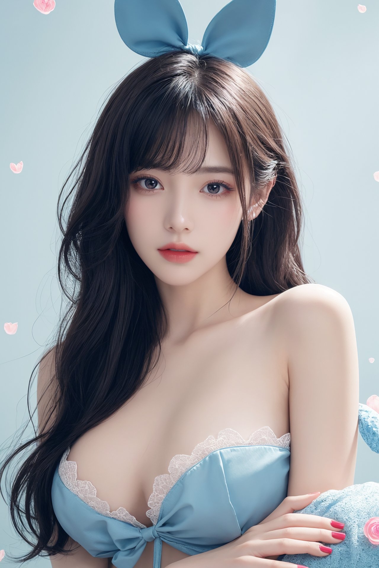 1girl, artist name, bangs, bare shoulders, blue bow, blue flower, blue nails, blue rose, bow, breasts, bunny, flower, heart, long hair, looking at viewer, medium breasts, nail polish, pink bow, rose, solo, sparkle, star \(symbol\), stuffed animal, stuffed toy<lora:eye:0.8>