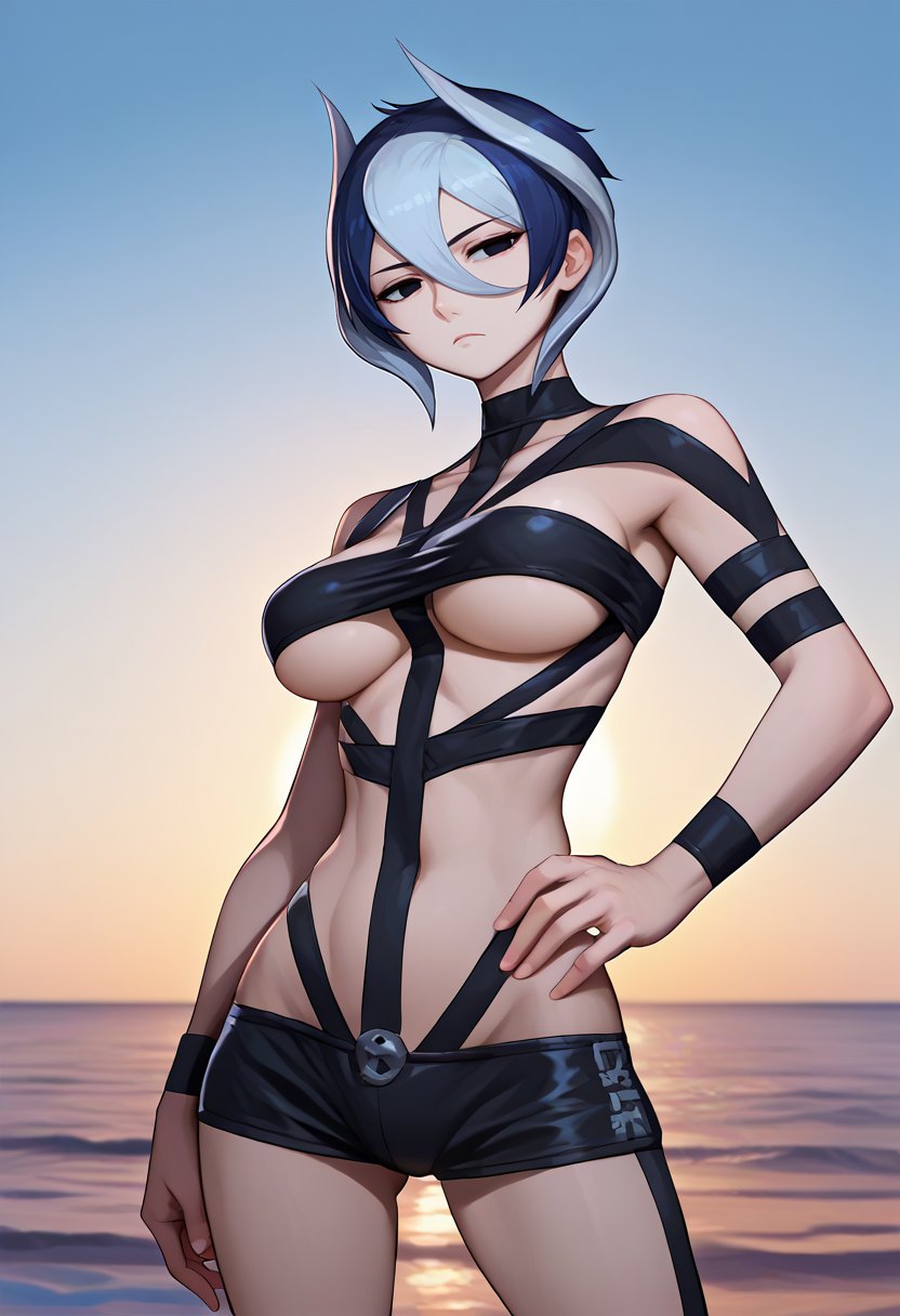 score_9, score_8_up, score_7_up, source_anime, solo, 1girl, ozen, expressionless, looking at viewer, standing, hand on own hip, hotlimit, revealing clothes, underboob, large breasts, outdoors, ocean <lora:attire_hotlimit_ponyXL:1> <lora:madeinabyss_ozen_ponyXL:1>