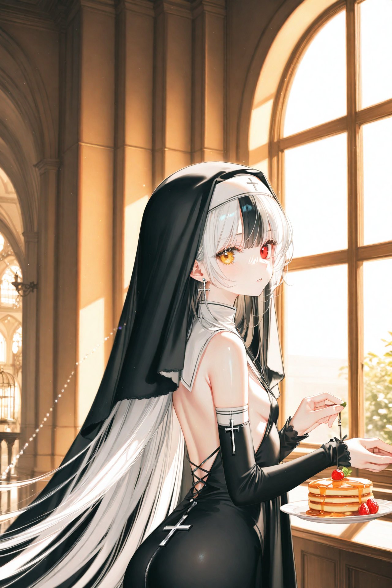 masterpiece,best quality,illustration,ultra detailed,hdr,Depth of field,(colorful),[iumu],[Artist chen bin],1girl, multicolored hair, split-color hair, solo, cross, food, long hair, black hair, ass, two-tone hair, white hair, heterochromia, looking at viewer, jewelry, pancake, holding, earrings, fruit, window, red eyes, very long hair, orange eyes, nun, breasts, plate, detached sleeves, yellow eyes, habit, backless outfit, looking back, cross necklace, small breasts, indoors, parted lips, veil, cross earrings, from side