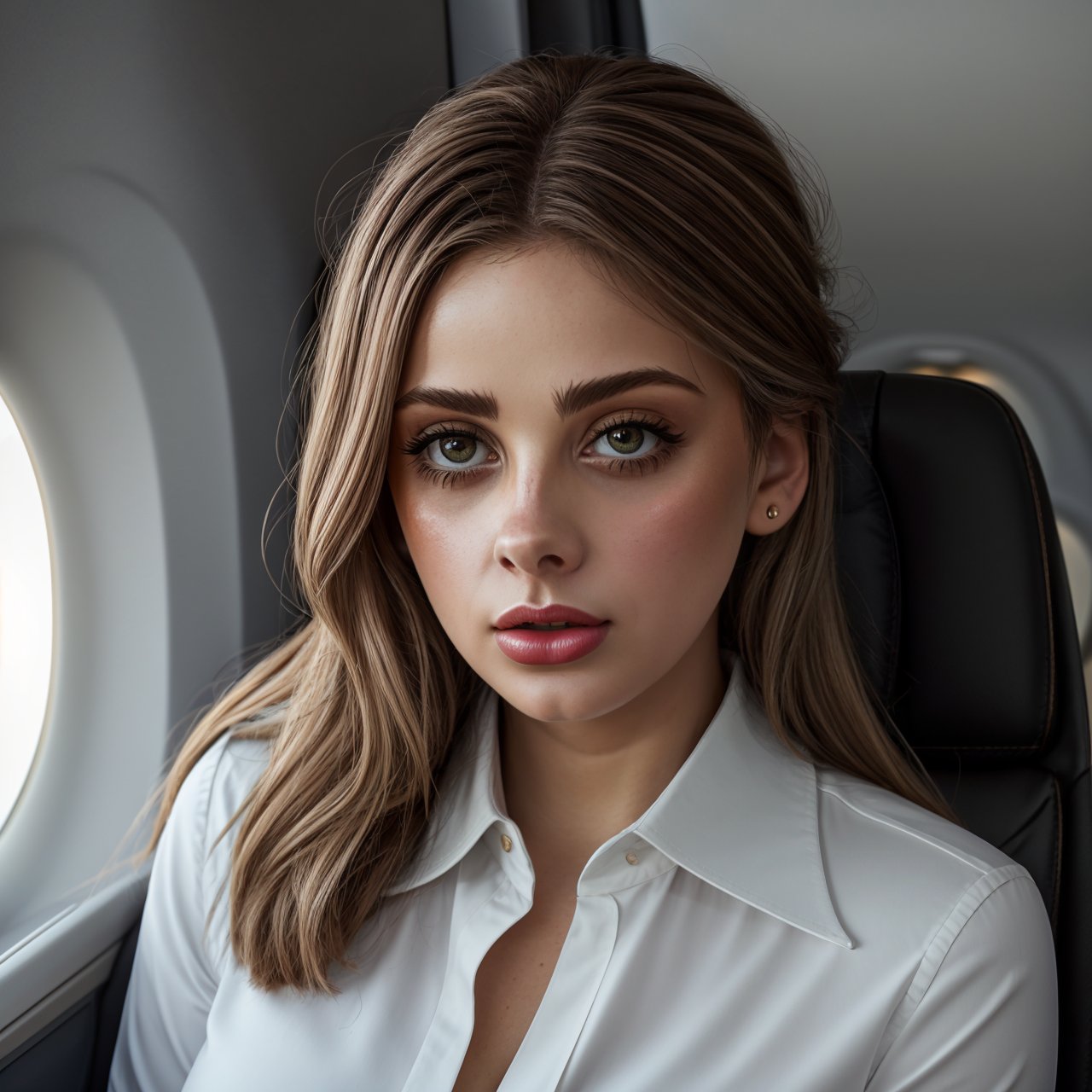 best quality, extra resolution view from above, close up of adorable (AIDA_LoRA_InWo2023:1.15) <lora:AIDA_LoRA_InWo2023:0.89> as a business woman, [stunning girl], parted lips, cinematic, dramatic, insane level of details, kkw-ph1, (colorful:1.1), (inside the luxurious airplane:1.1), (luxurious airplane interior:1.1) busy busyness 