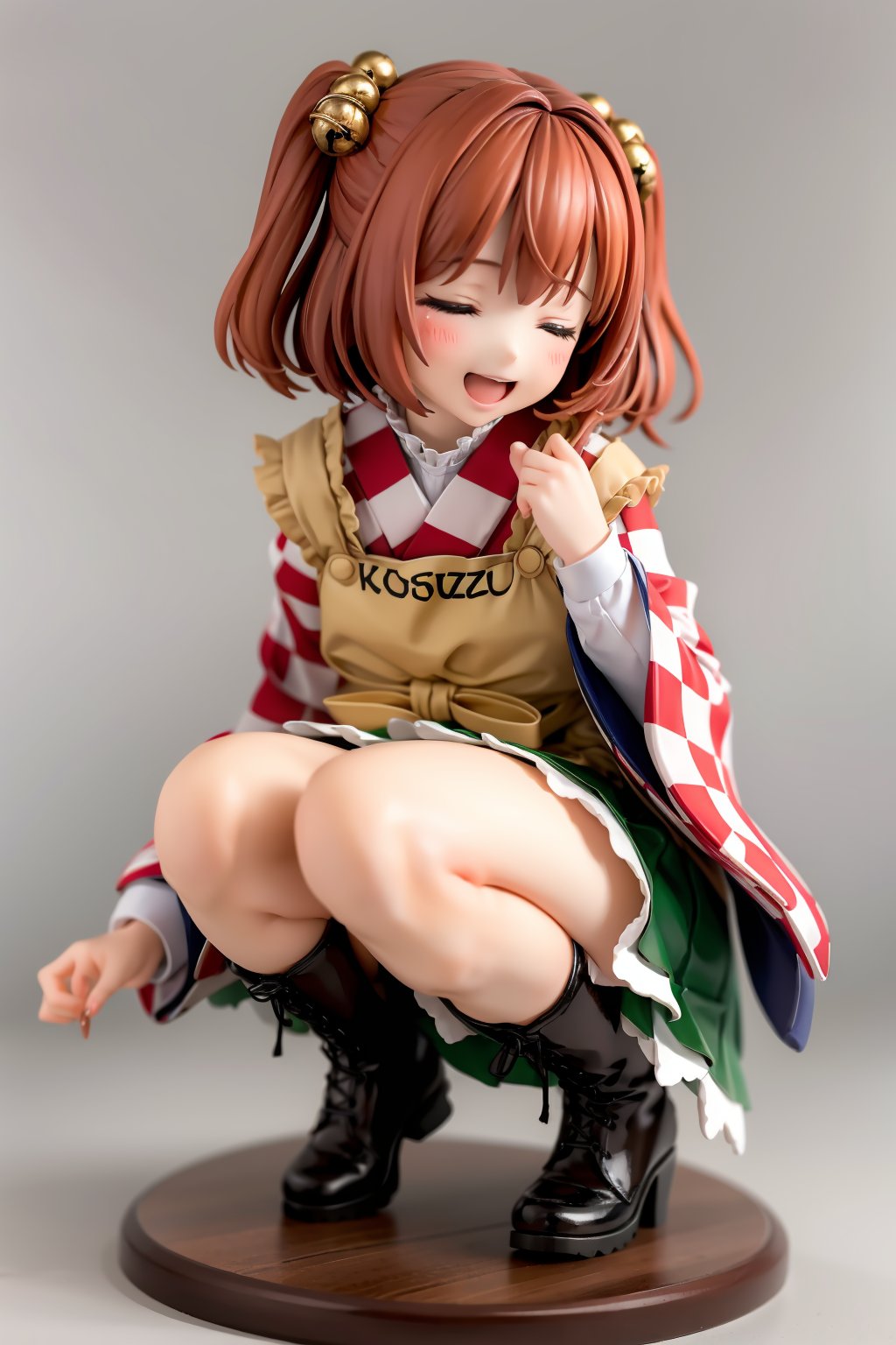 masterpiece, best quality,<lora:MotooriKosuzu:1>,1girl, motoori kosuzu, bell, hair ornament, hair bell, closed eyes, boots, cat, japanese clothes, squatting, smile, open mouth, two side up, kimono, cross-laced footwear, checkered clothes, skirt, blush, wide sleeves, headpat, short hair, solo, lace-up boots, jingle bell, checkered kimono, simple background, long sleeves, full body, apron, checkered shirt, brown hair, red hair, orange hair