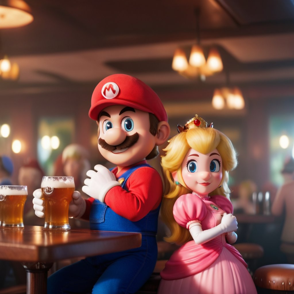 cinematic photo  mario and princess peach having a beer in a pub <lora:Mario1024-000200:0.8> . 35mm photograph, film, bokeh, professional, 4k, highly detailed