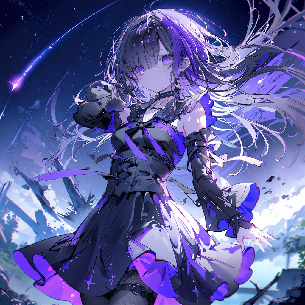 Noyu,sketch,starry sky,shooting star,ruins,water,1girl,(solo),Long hair,black hair,purple gradient hair,purple eyes,blunt bangs,hair over one eye,glowing eyes,small breasts,gothic,lace_trim,long sleeves,frilled shirt,skirt,choker,detached_sleeve,black pantyhose,(half-closed eyes),smug,close-up,upper body,looking back,masterpiece,bestquality,onnk,line art,line style,