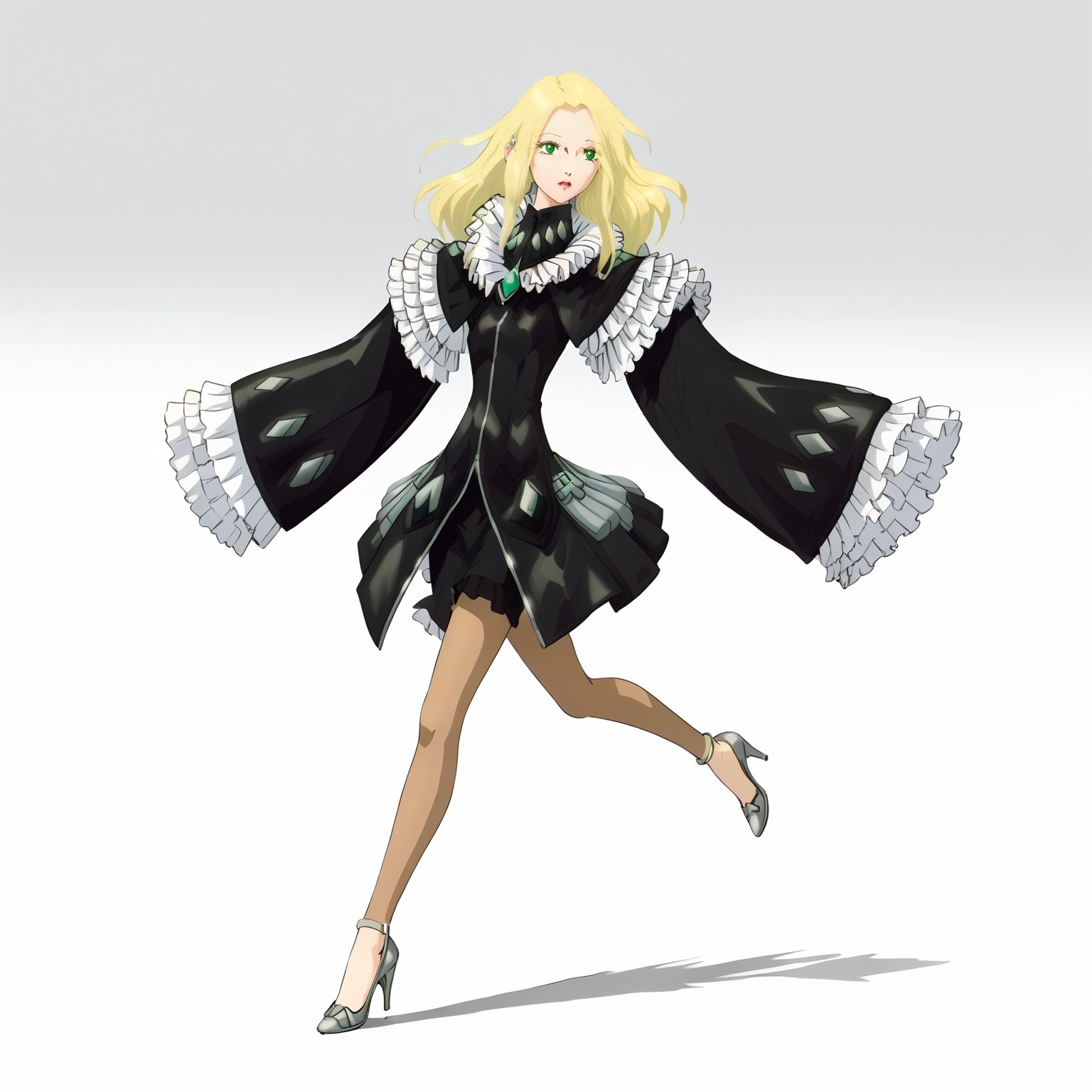 <lora:FatimaPasitheaXLpony002>,solo,FatimaPasithea,1girl,blonde hair,long hair,green eyes,black body suit,black dress,long_sleeves,wide_sleeves,frill sleeve,brown pantyhose,high_heels,full body,running,